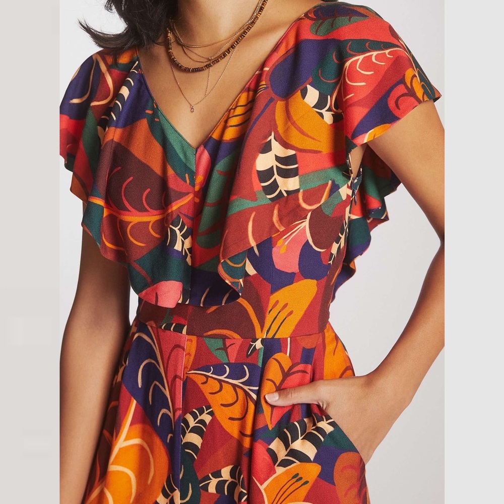 Anthropologie Farm Rio Ruffled Jumpsuit Multicoloured, Red - Picture 3 of 3